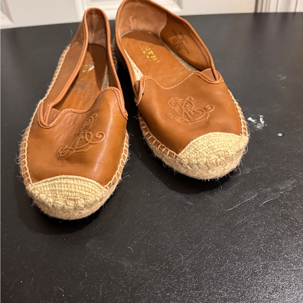 Lauren Ralph Lauren Brown Leather Espadrille Flats with Natural Jute Toe